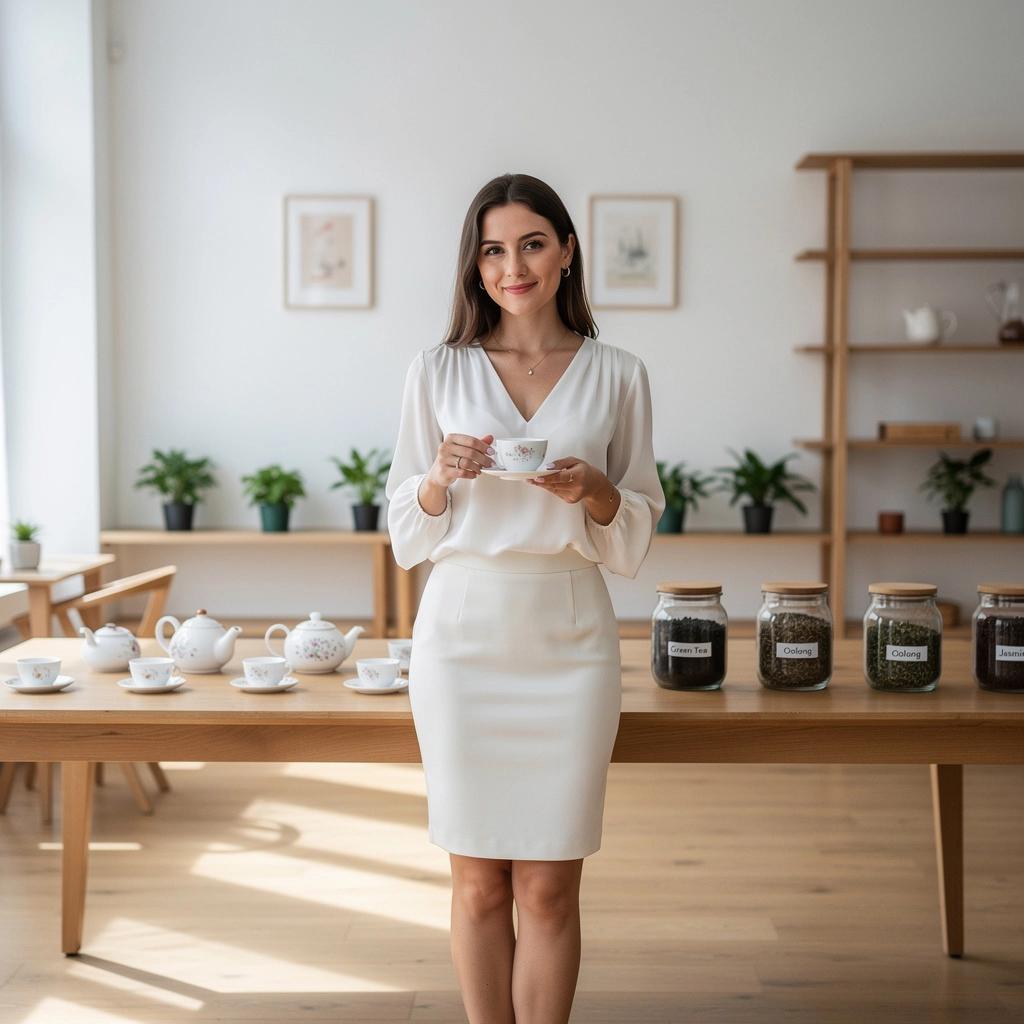 Elegáns csésze fehér tea, amelyben a levelek lágyan úsznak a forró vízben.